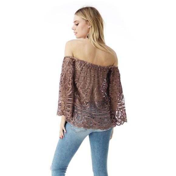 Sky Clothing Brand NWT S Off Shoulder Lace Floral Embroidered Taupe Brown Nude - Picture 4 of 7